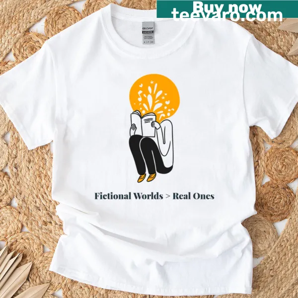 T-shirt featuring typography design that celebrates reading fictional worlds