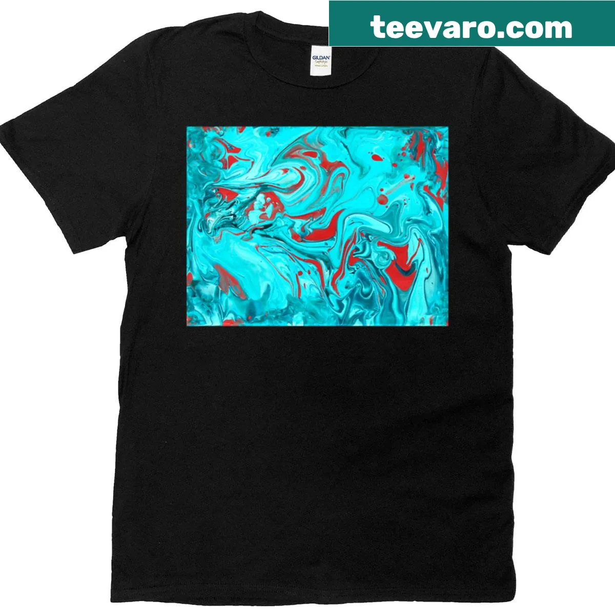 Abstract red and turquoise blue swirl design on t-shirt — on a men's t-shirt