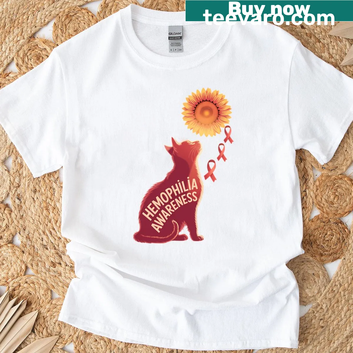 Cat paw print design on a hemophilia awareness t-shirt — on a men's t-shirt