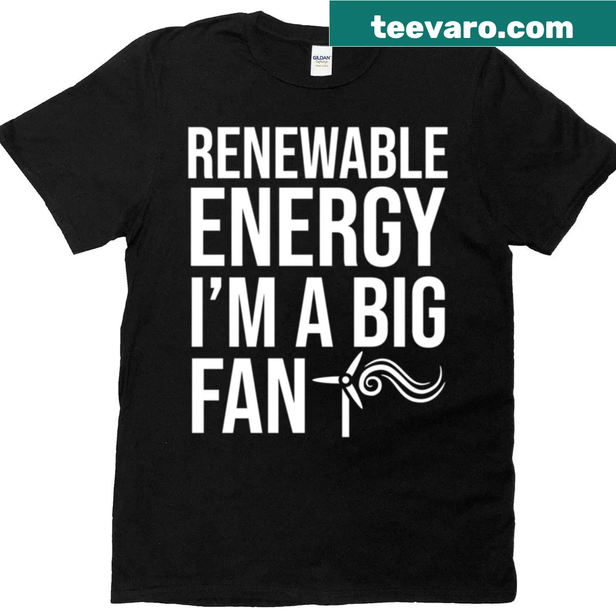 Funny renewable energy t-shirt featuring wind turbine illustration and text — on a men's t-shirt