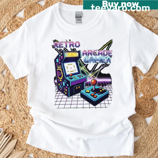 Retro arcade graphic T-shirt celebrating 80s gaming culture