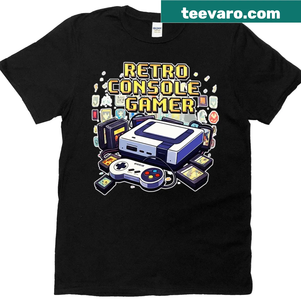 Vintage gaming t-shirt featuring retro console graphics — on a men's t-shirt