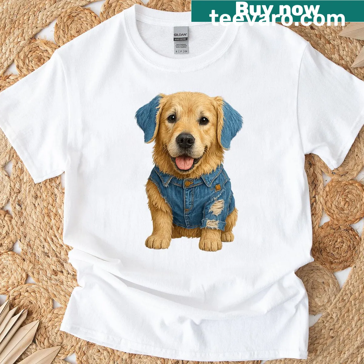 Vintage-style T-shirt with playful dog patch graphics — on a men's t-shirt