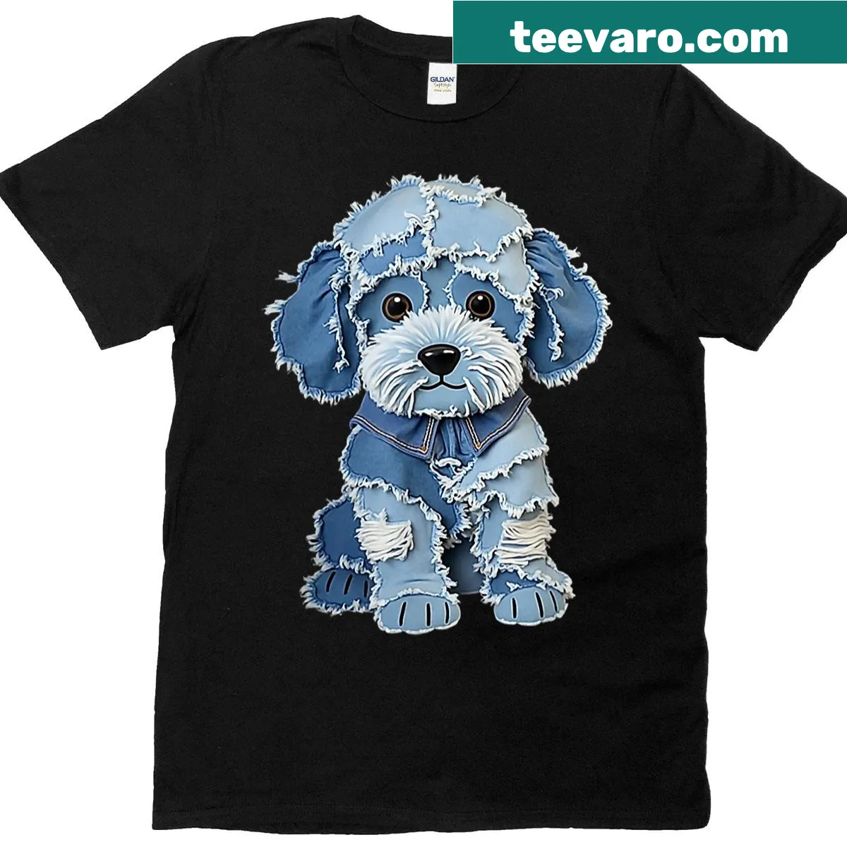 Funny dog print t-shirt with denim patch style — on a men's t-shirt