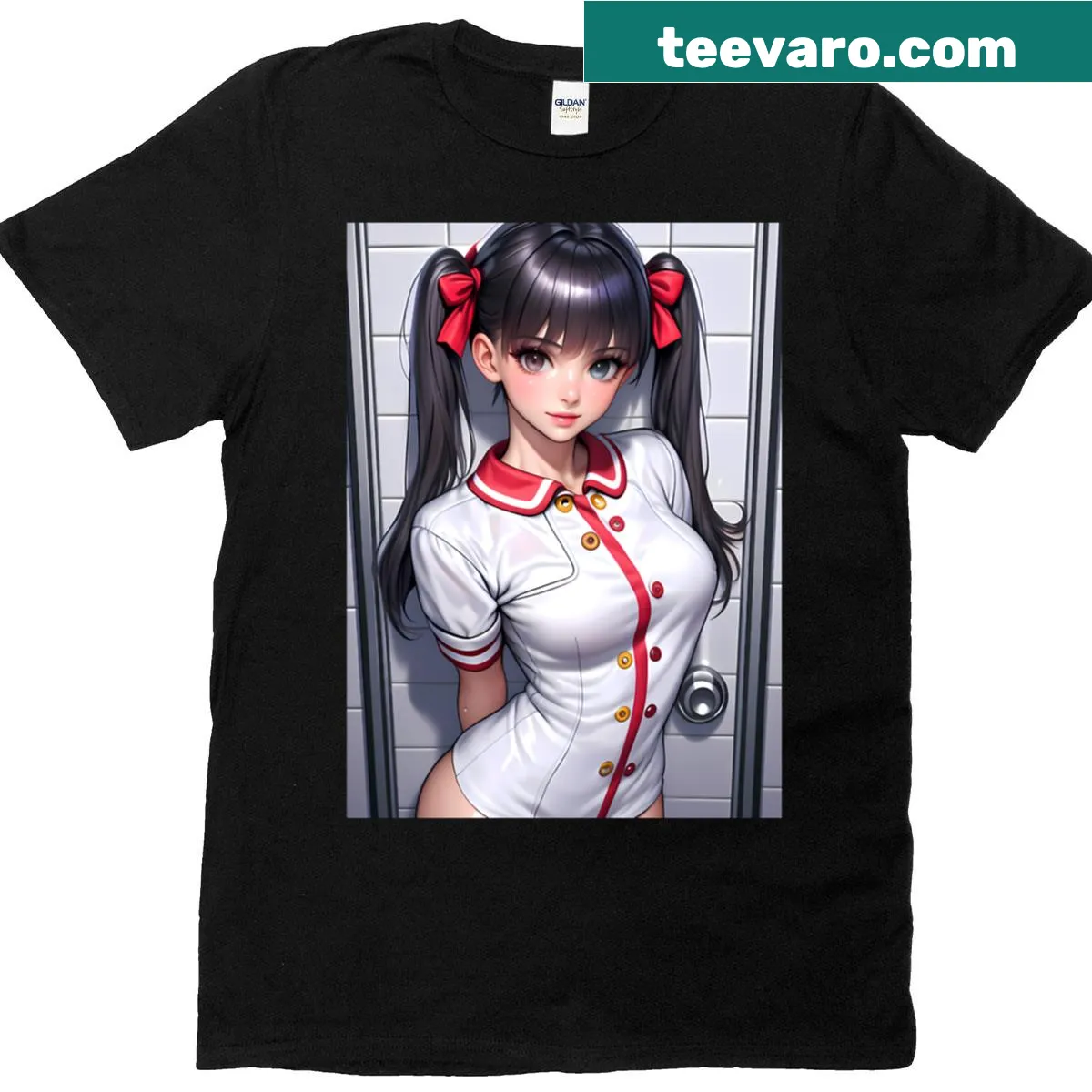 Illustrative T-shirt featuring Rin Tohsaka from Fate Stay Night with dual bows. — on a men's t-shirt