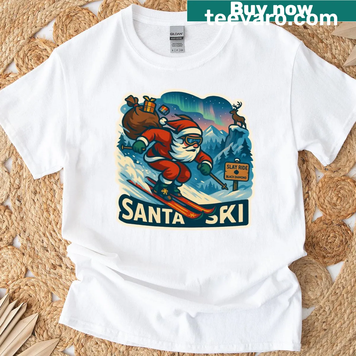 Cartoon oversized T-shirt of Santa skiing down a slope — on a men's t-shirt