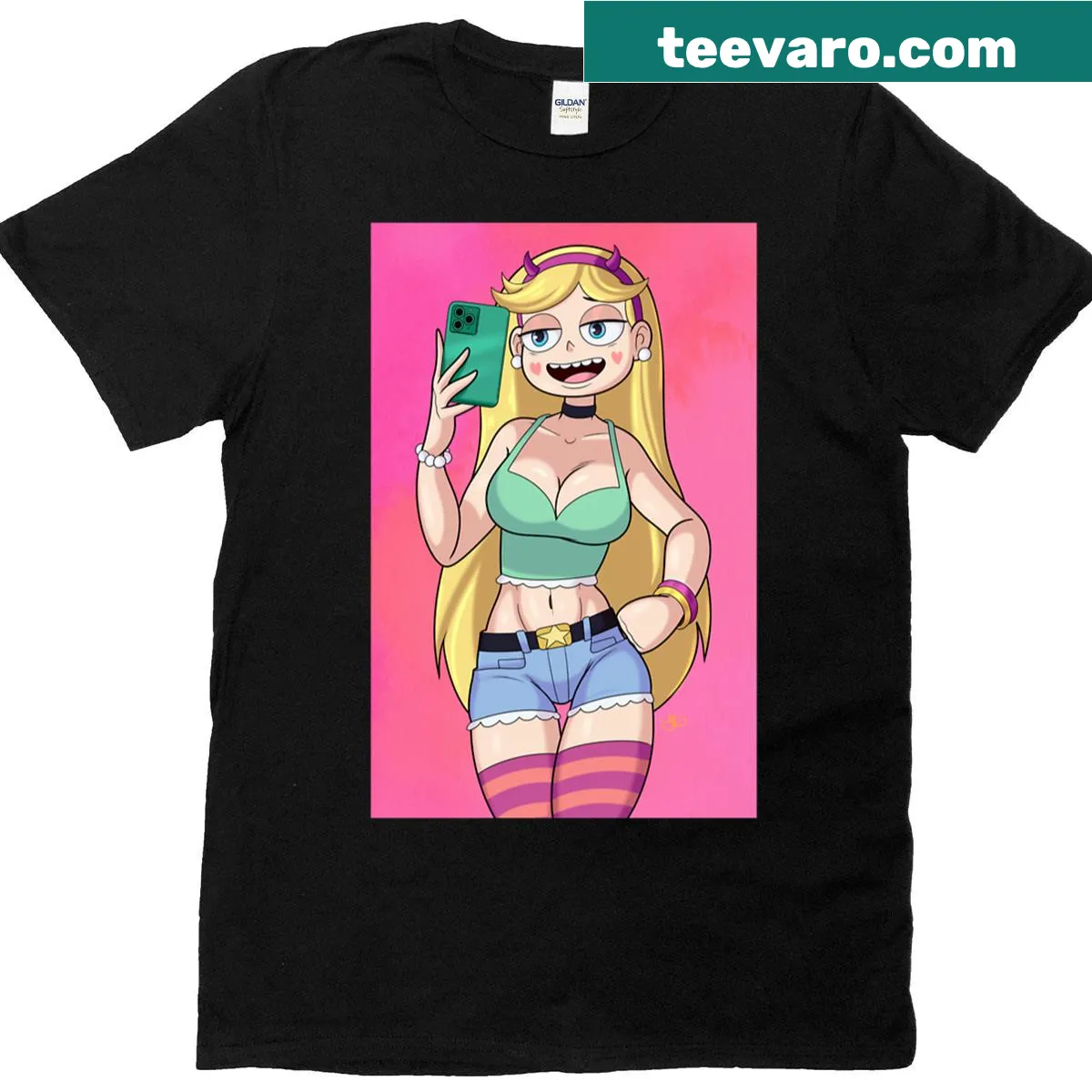 Illustrative T-shirt featuring Star Butterfly in a selfie. — on a men's t-shirt