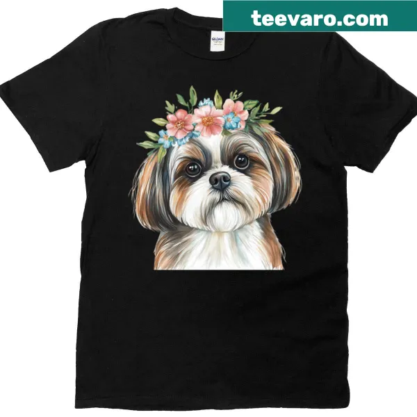 Oversized T-shirt featuring an illustration of a Shih Tzu with a flower crown