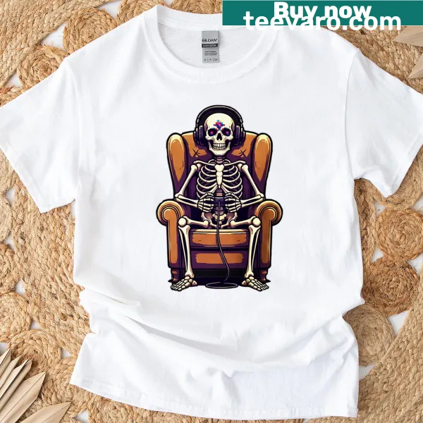 Funny skeleton gamer in an armchair graphic on a T-shirt
