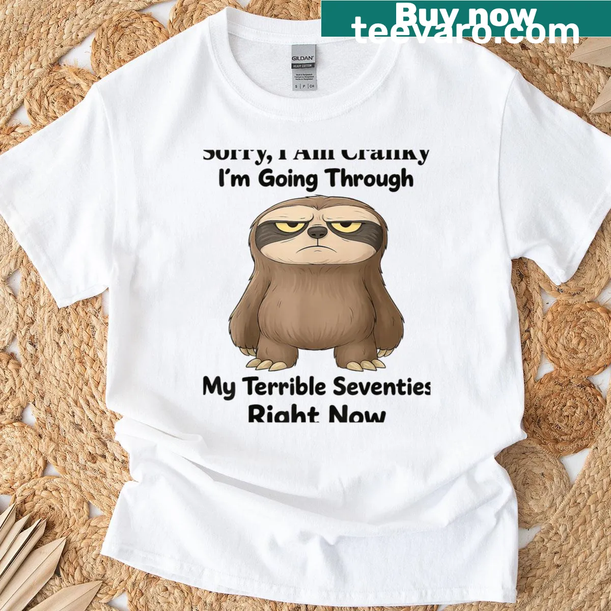 Funny T-shirt featuring a sloth and the phrase about terrible seventies — on a men's t-shirt