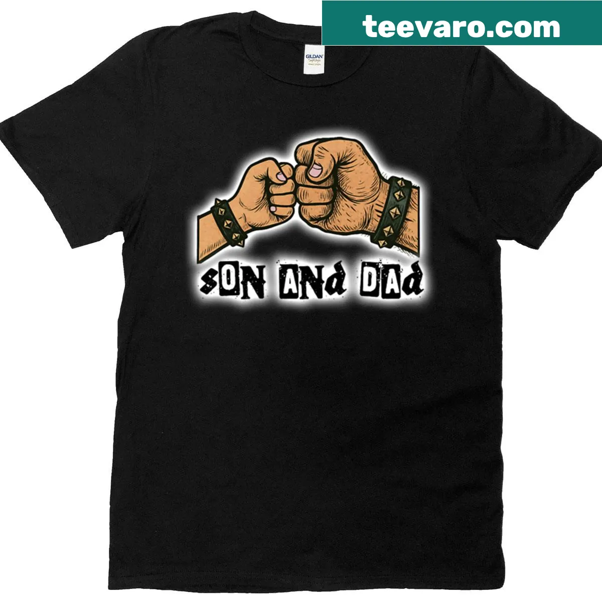 Cartoonish fist bump design for Son And Dad in punkmetal style — on a men's t-shirt