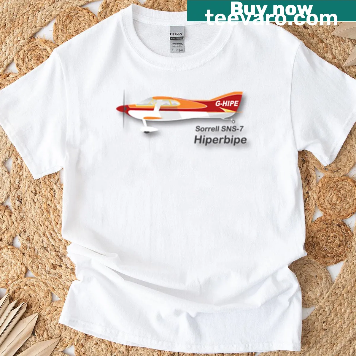 Graphic t-shirt featuring the Sorrell SNS-7 Hiperbipe aircraft — on a men's t-shirt