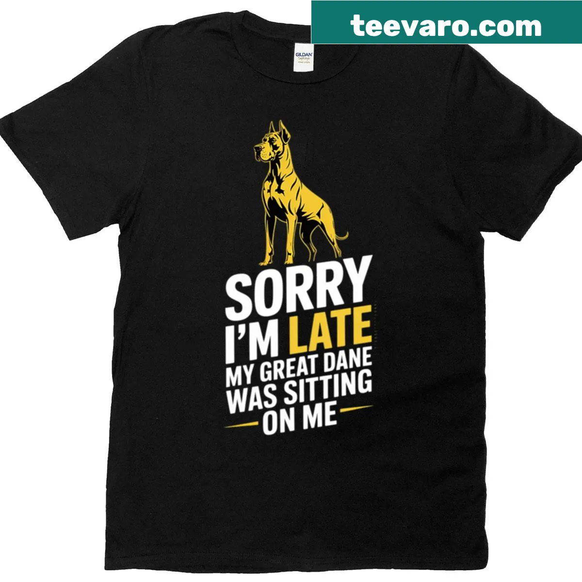 Funny Great Dane t-shirt with text about lateness due to dog sitting — on a men's t-shirt