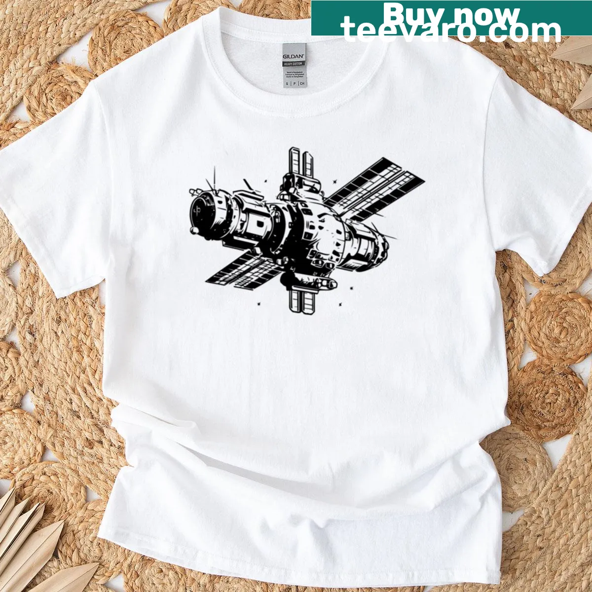 T-shirt featuring futuristic space stations and satellites — on a men's t-shirt