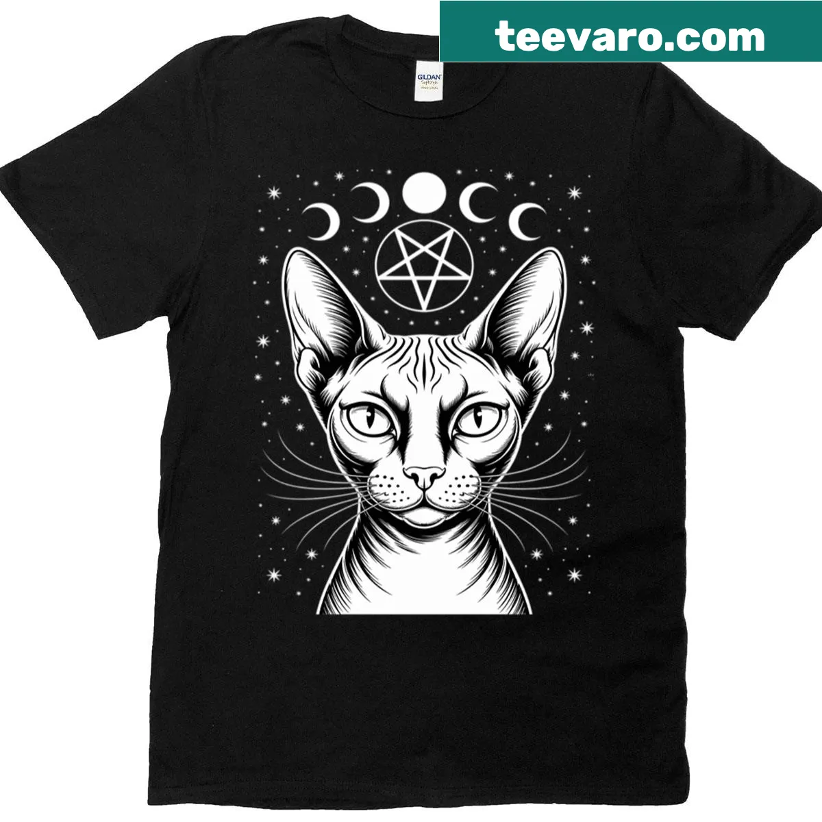 Gothic design with a Sphynx cat and occult elements — on a men's t-shirt