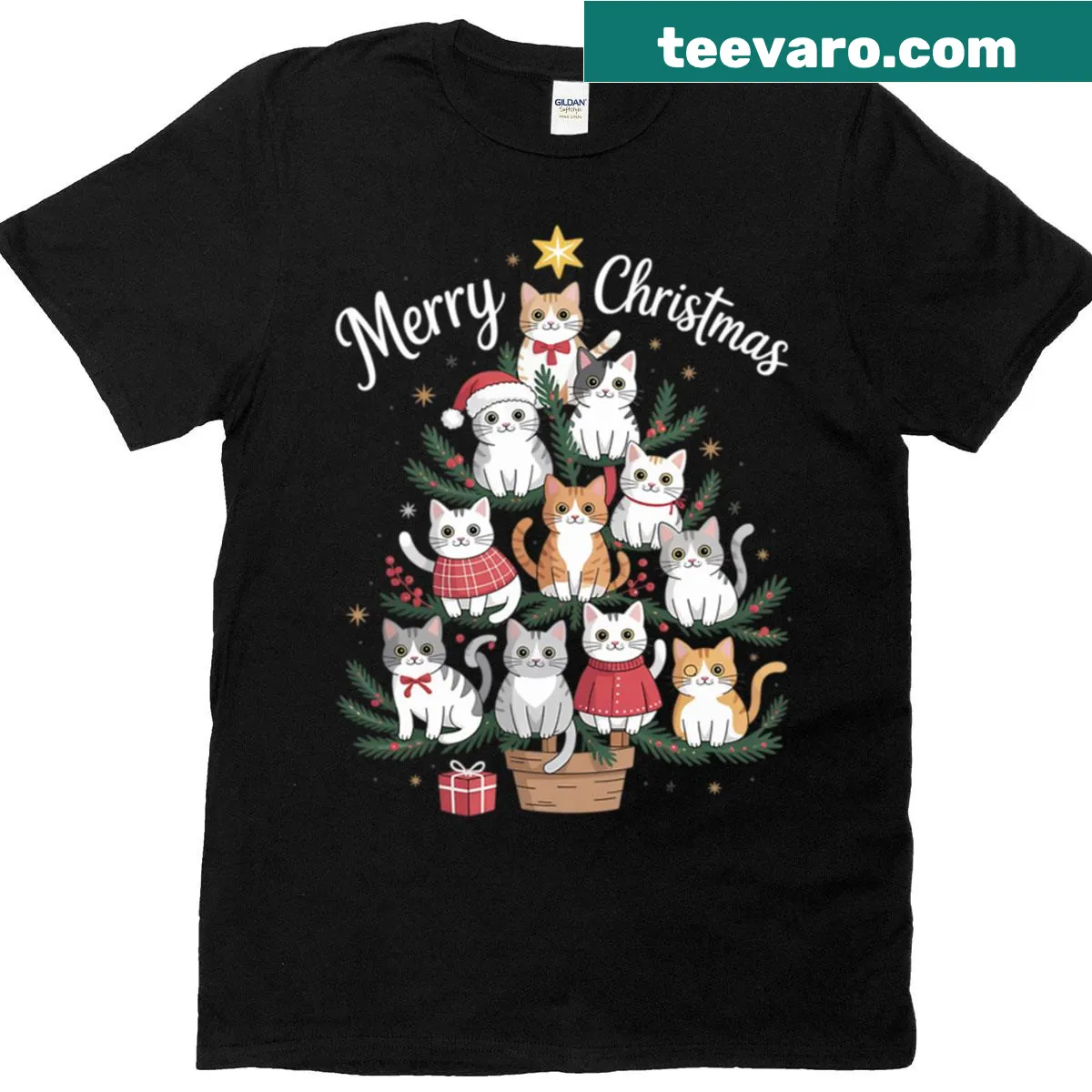 Cute Sphynx cat with Christmas trees in a festive design — on a men's t-shirt