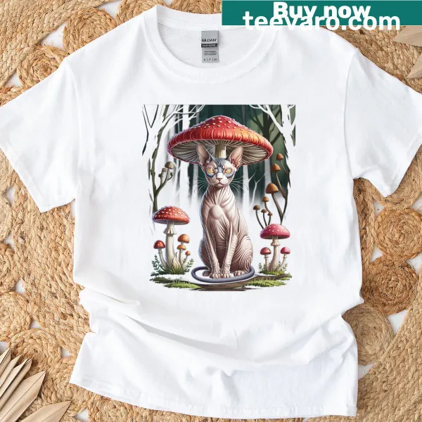 Sphynx cat in a mushroom hat illustration on a t-shirt