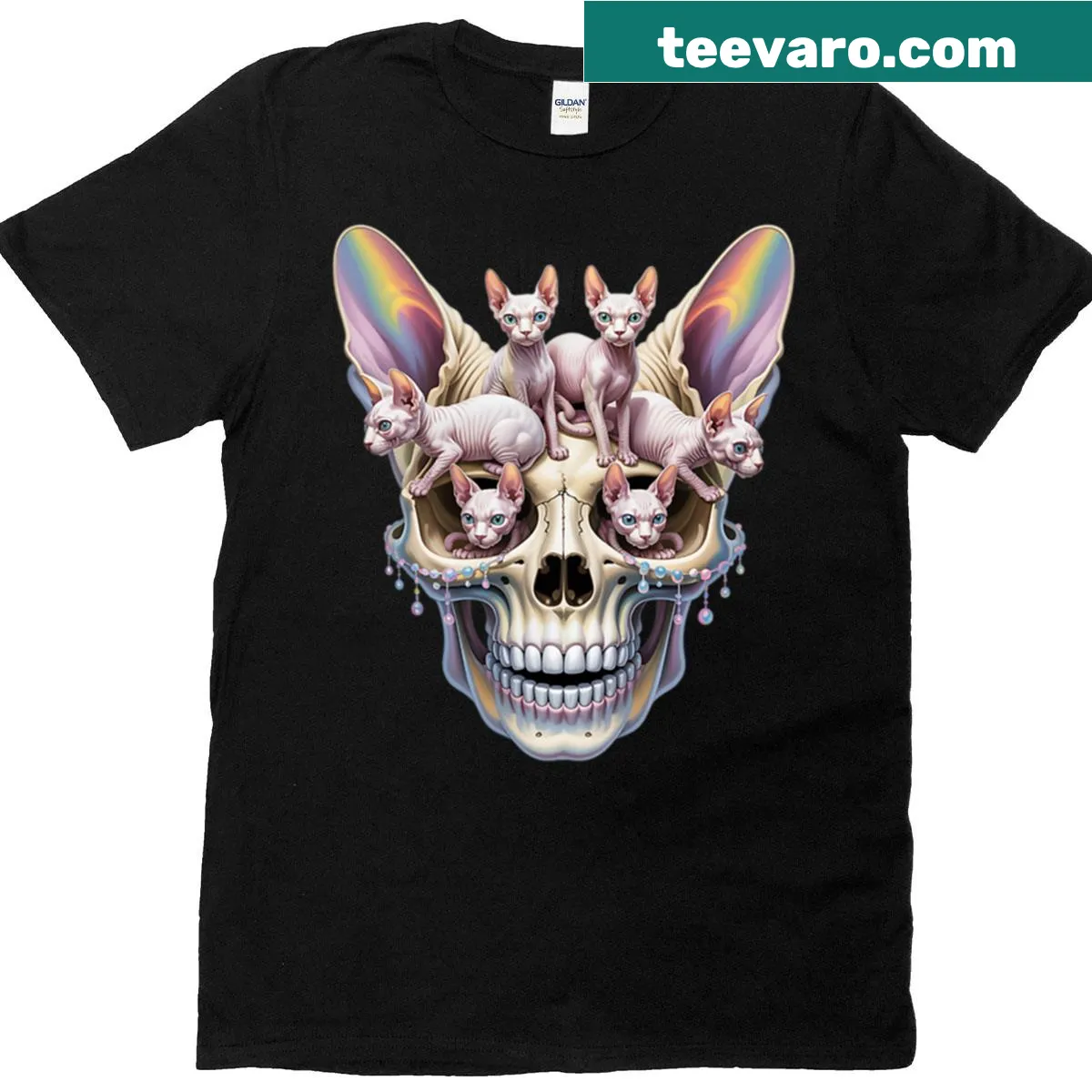 Sphynx cat graphic with Halloween skull elements — on a men's t-shirt