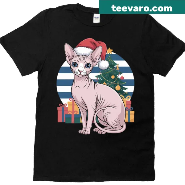 Sphynx cat dressed as Santa on a Christmas tree T-shirt