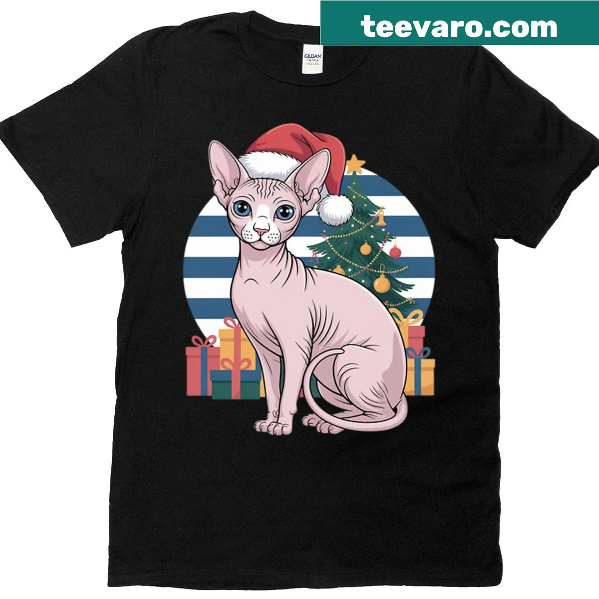 Sphynx cat dressed as Santa on a Christmas tree T-shirt — on a men's t-shirt