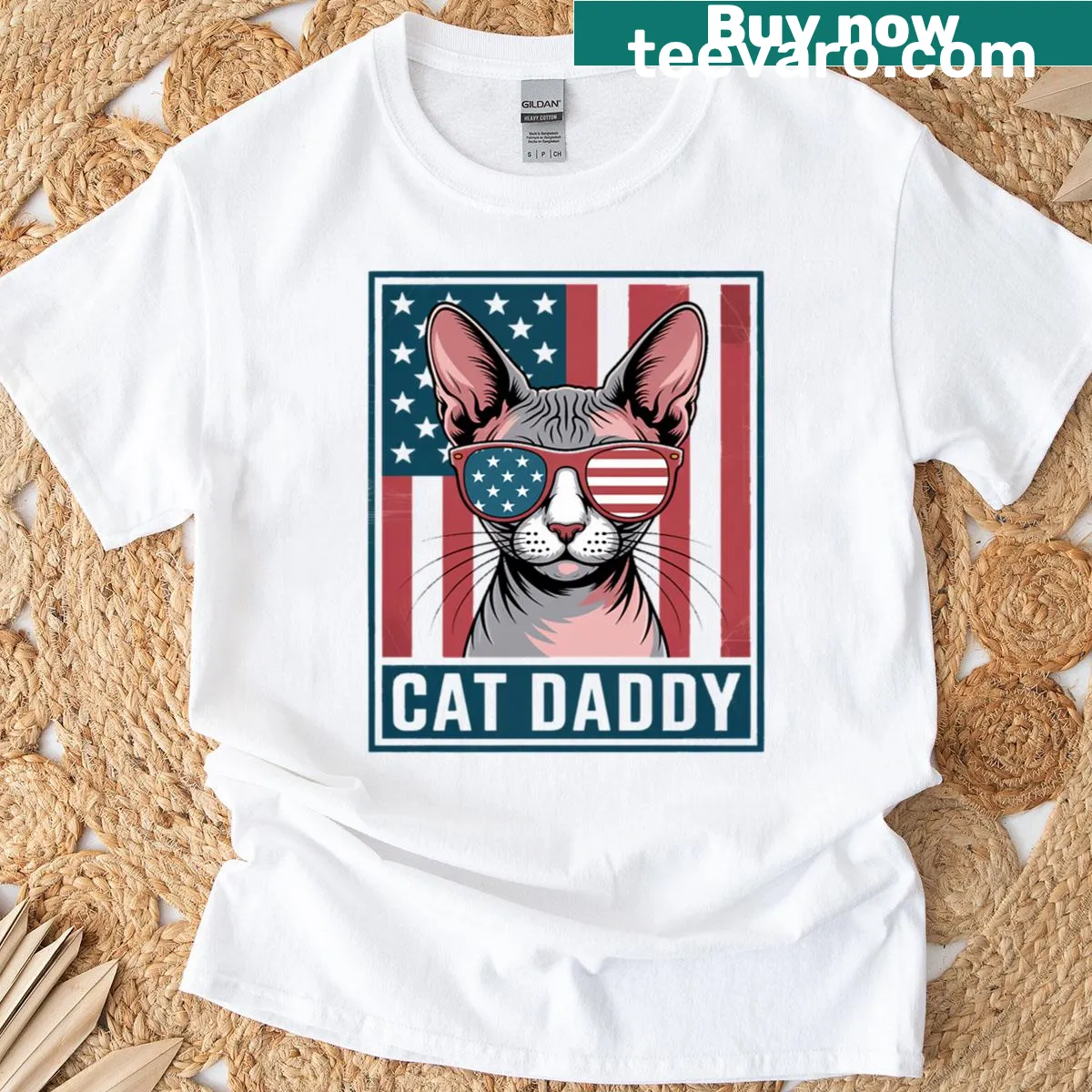 Catt Daddy text with US flag design on a T-shirt — on a men's t-shirt
