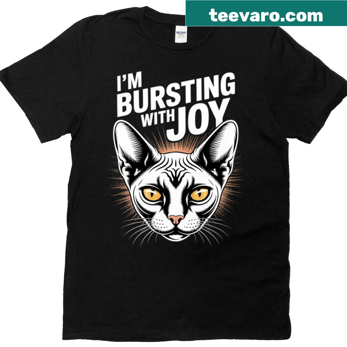Joyful Sphynx cat graphic expressing happiness on a t-shirt — on a men's t-shirt