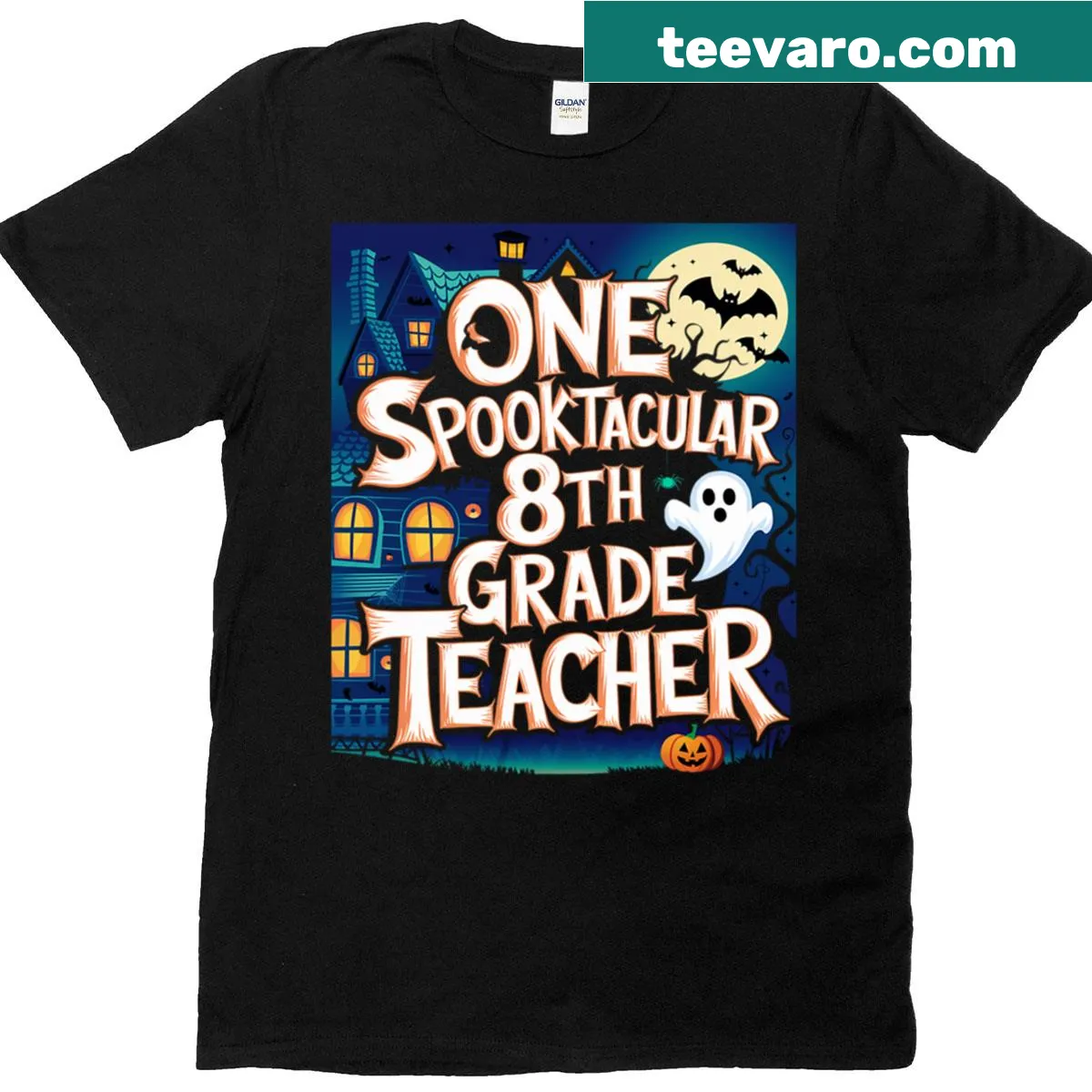 Halloween-themed teacher T-shirt with spooky house graphic and text — on a men's t-shirt