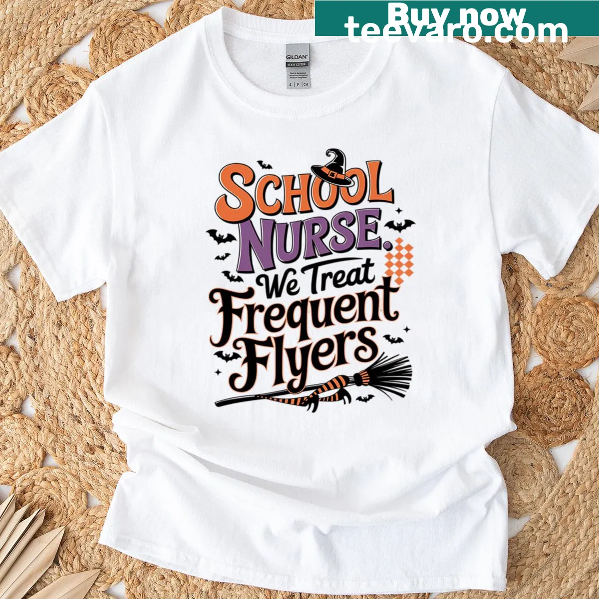 Whimsical witch graphic with nurse elements for a funny tee — on a men's t-shirt