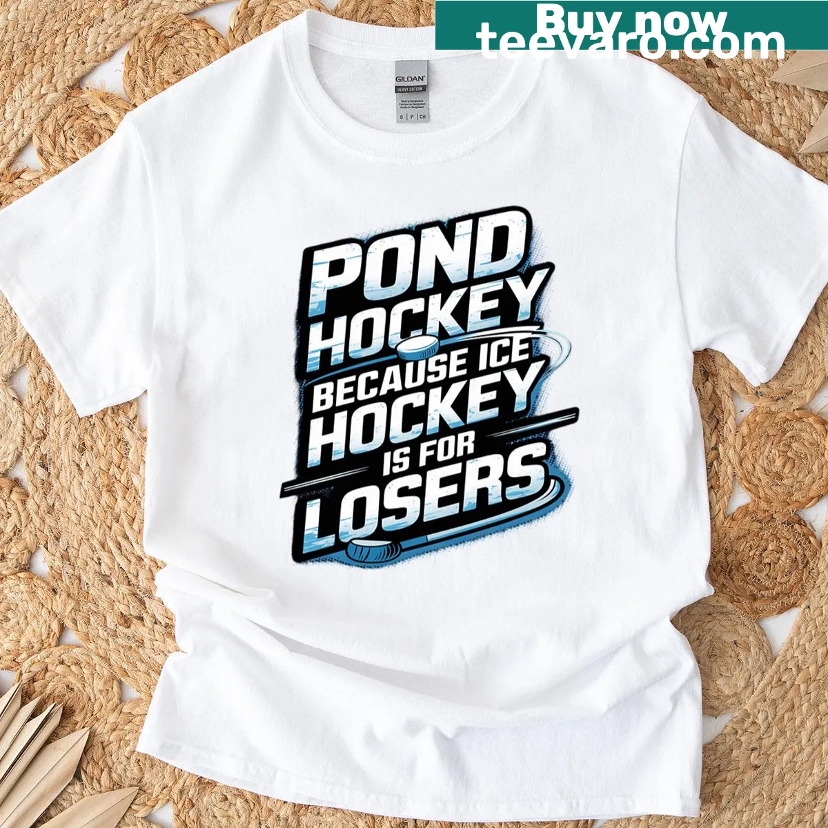 T-shirt featuring an illustration of a pond hockey player in action — on a men's t-shirt