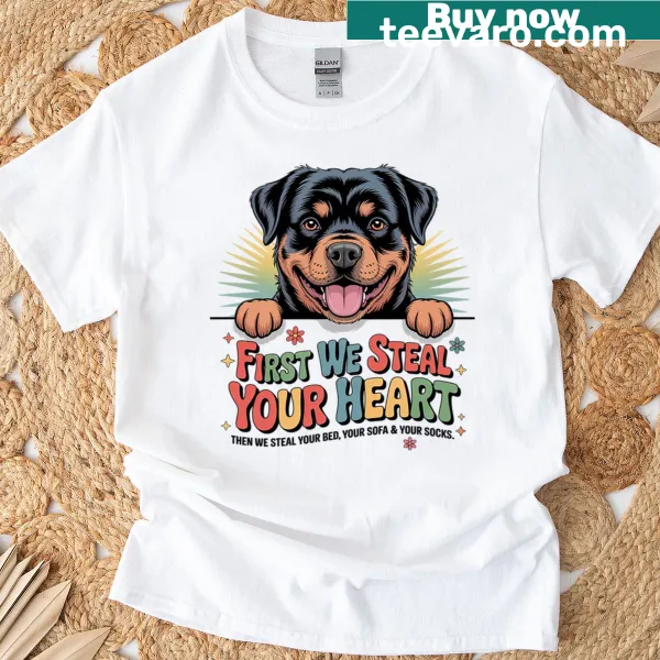 Cute illustration on a T-shirt showcasing a Doberman Pinscher stealing hearts