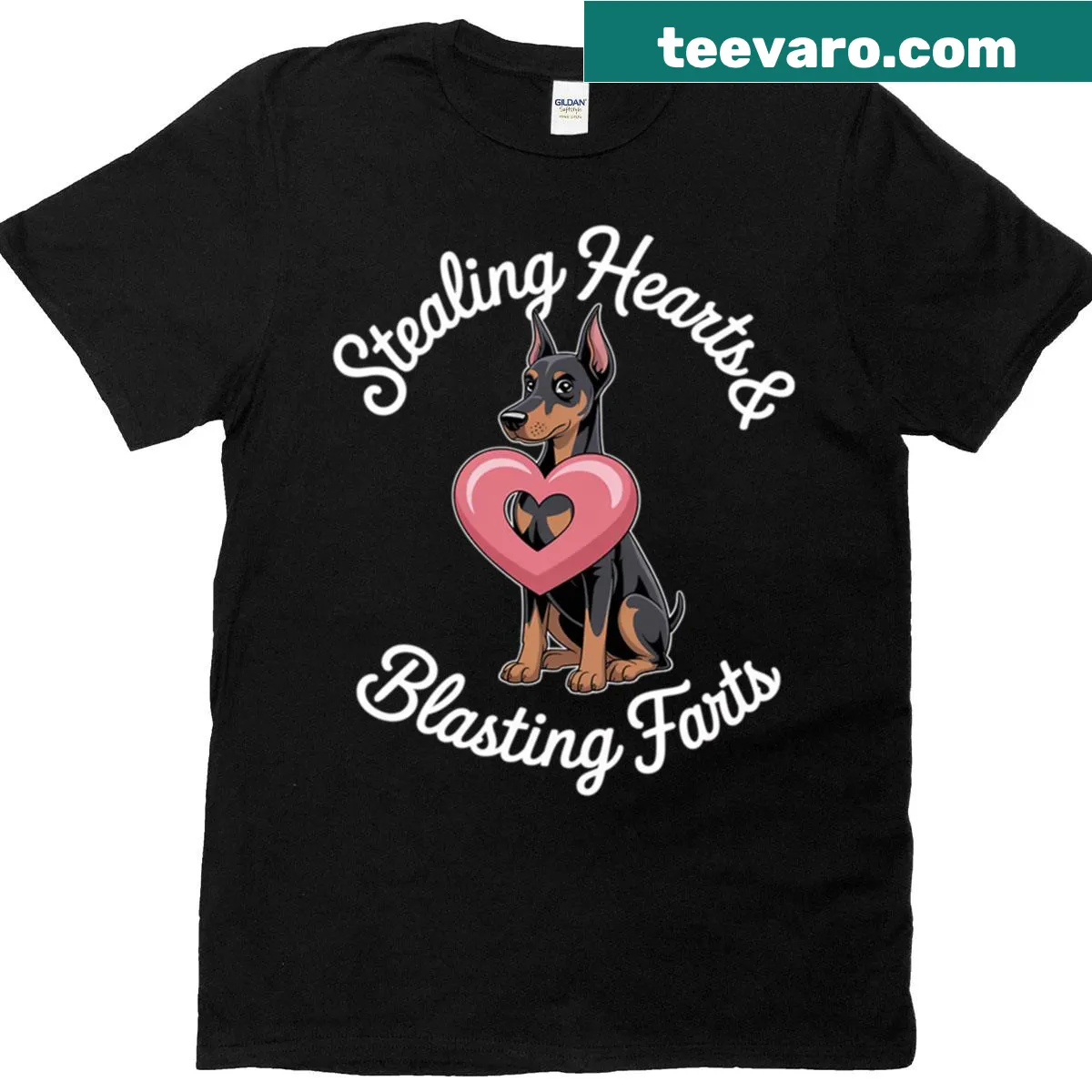 Funny Doberman Pinscher themed Valentine's t-shirt — on a men's t-shirt