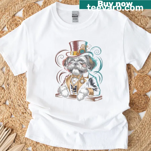 Whimsical T-shirt featuring a steampunk-themed Shih Tzu illustration