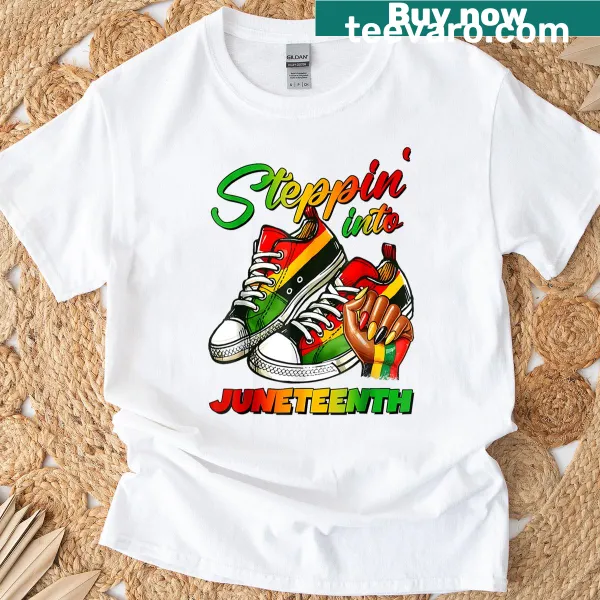 Juneteenth t-shirt featuring Afro woman illustration in sneakers.