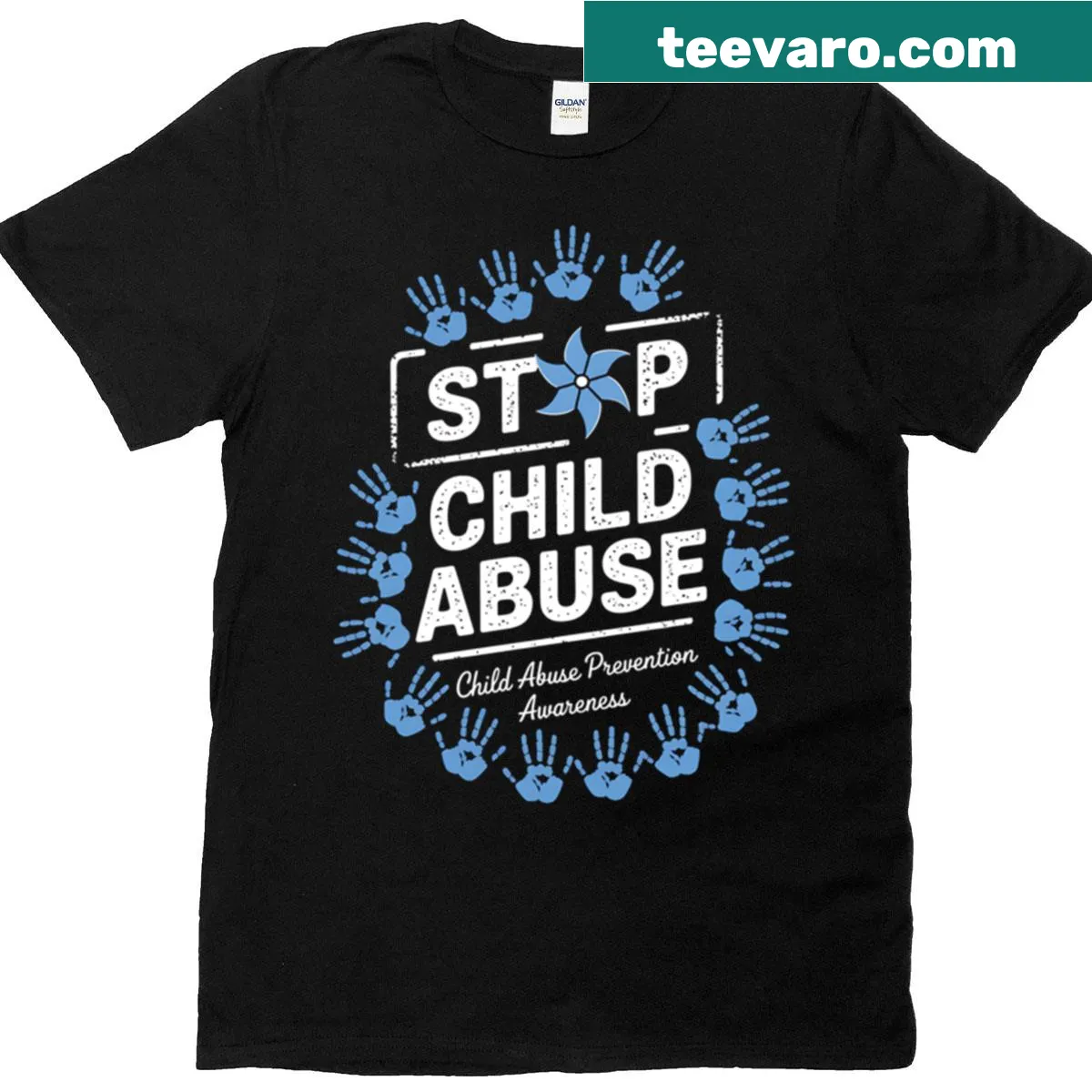 Pinwheel design promoting child abuse prevention on a t-shirt — on a men's t-shirt