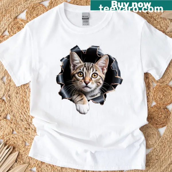 Torn cloth t-shirt featuring a cute tabby cat illustration.