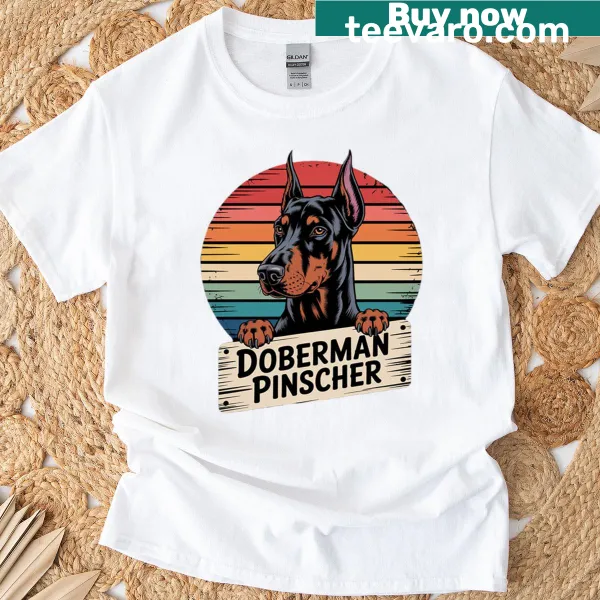 Doberman Pinscher t-shirt featuring sleek illustration of the breed.