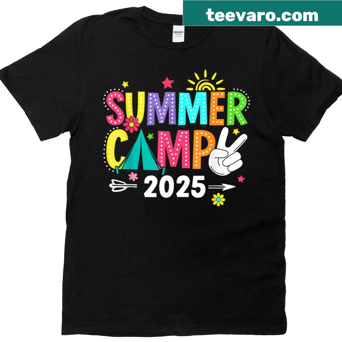 Camping-themed t-shirt with summer camp graphic — on a men's t-shirt