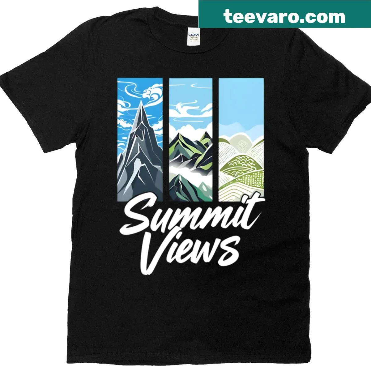 Illustrated mountain landscape on Summit Views t-shirt — on a men's t-shirt
