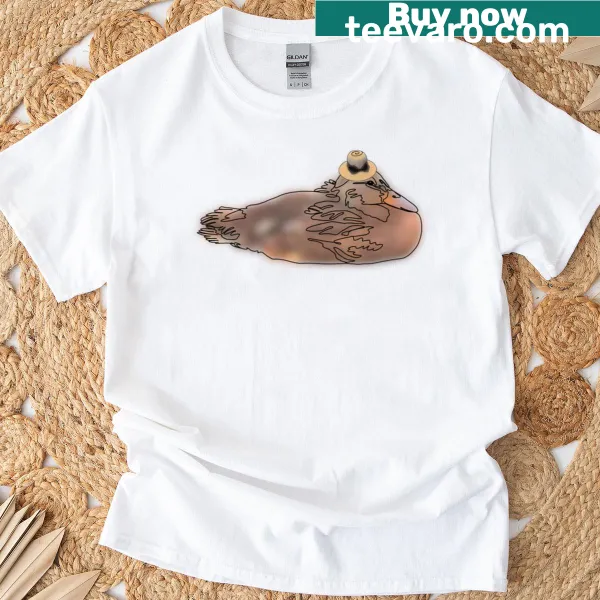 Cartoon duck wearing a sun hat on oversized T-shirt