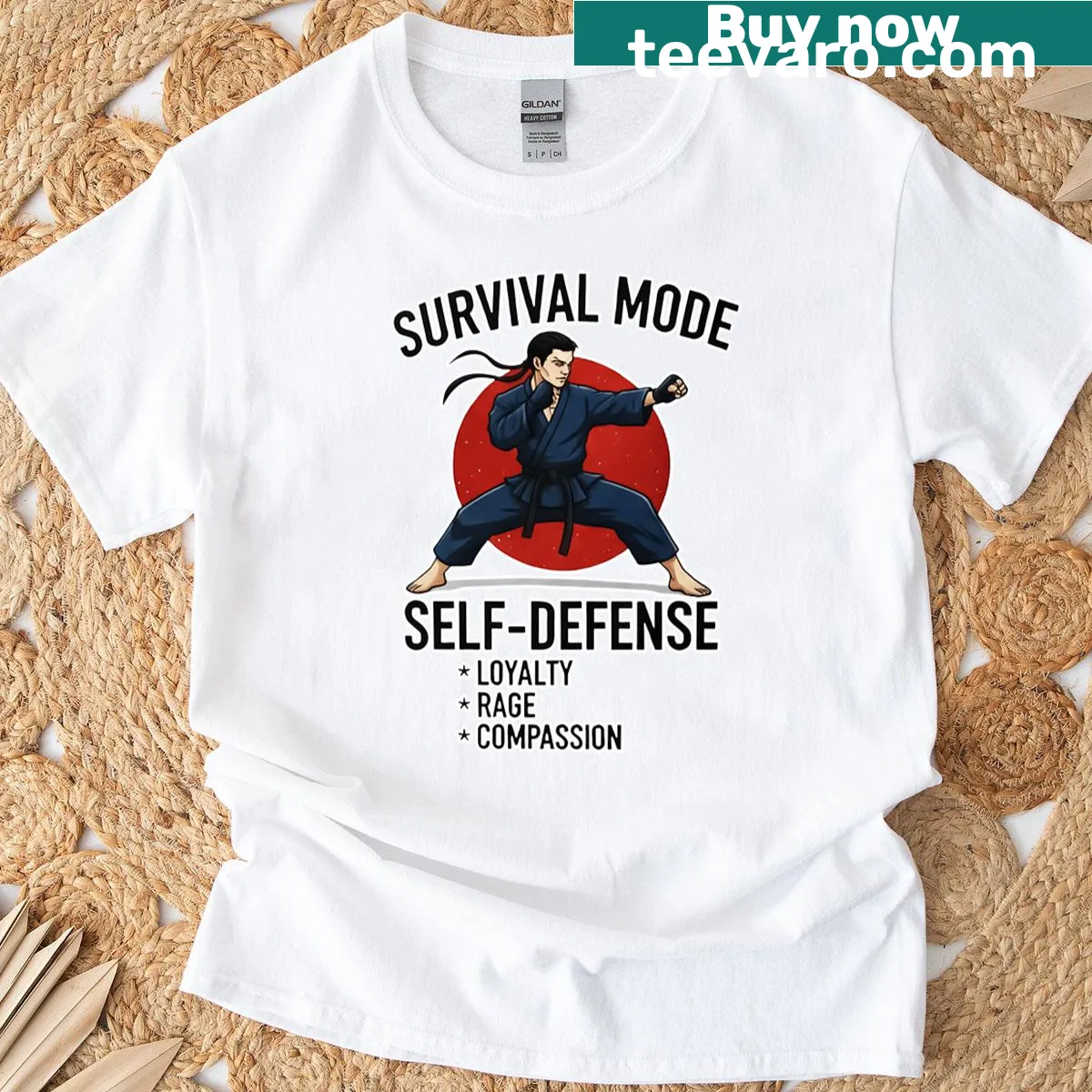 Red circle design on martial arts philosophy t-shirt — on a men's t-shirt