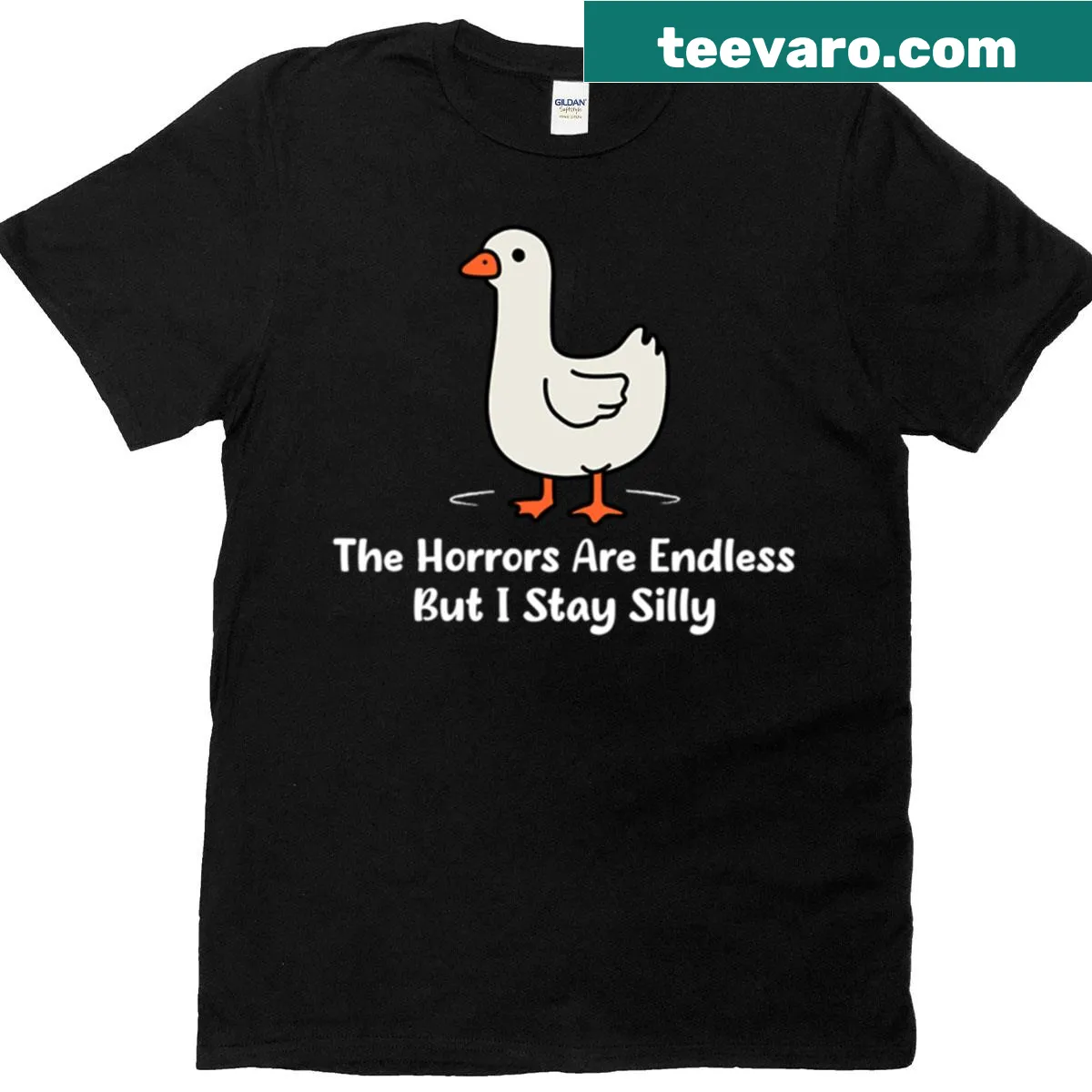 Playful t-shirt with 'The Horrors Are Endless But I Stay Silly' text — on a men's t-shirt