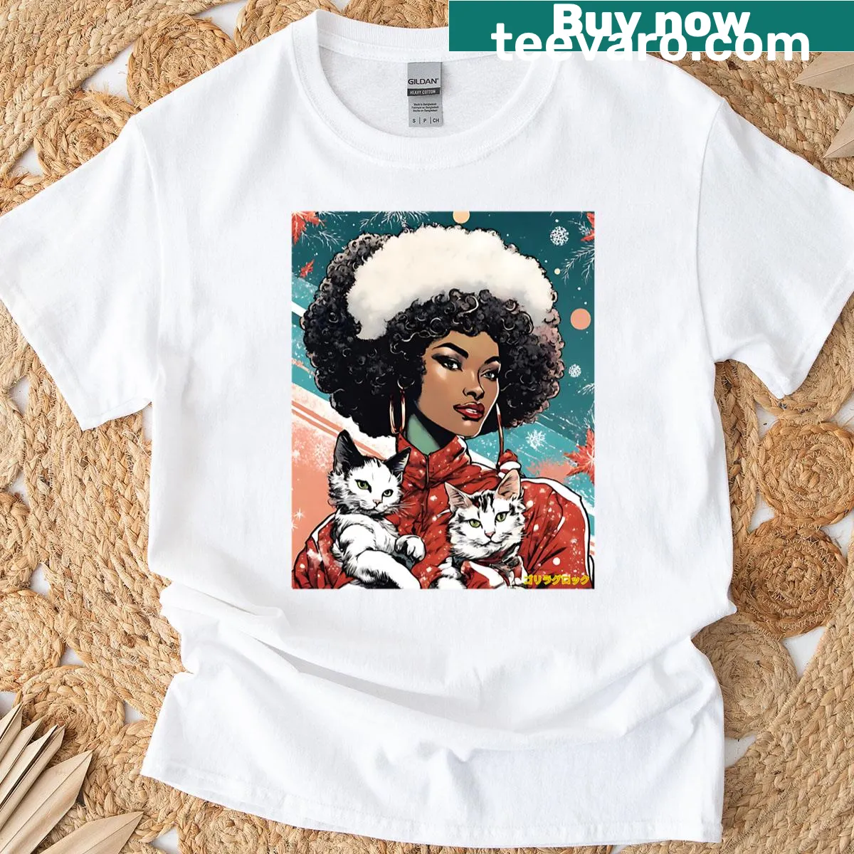 Christmas-themed T-shirt featuring cute cat illustrations — on a men's t-shirt