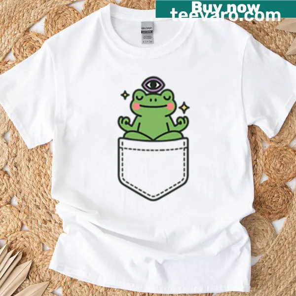 Illustrated T-shirt featuring a meditating frog with a third eye