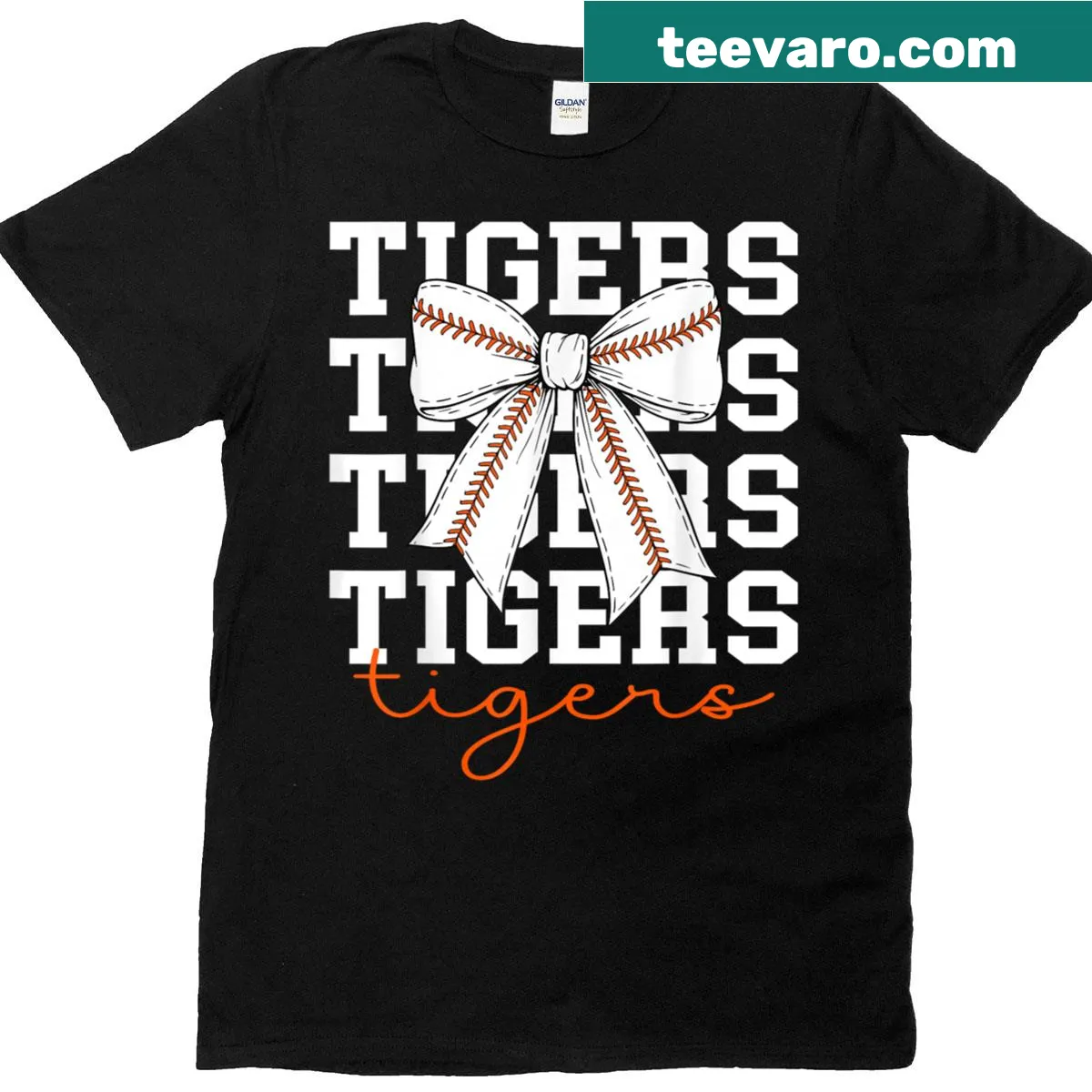 Vintage-style t-shirt with cute tiger graphics and a bow design — on a men's t-shirt