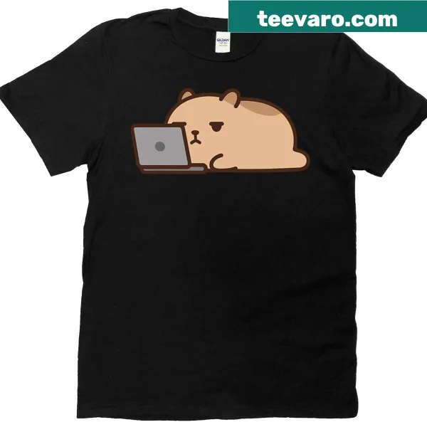 Kawaii-style t-shirt with a tired capybara on a laptop