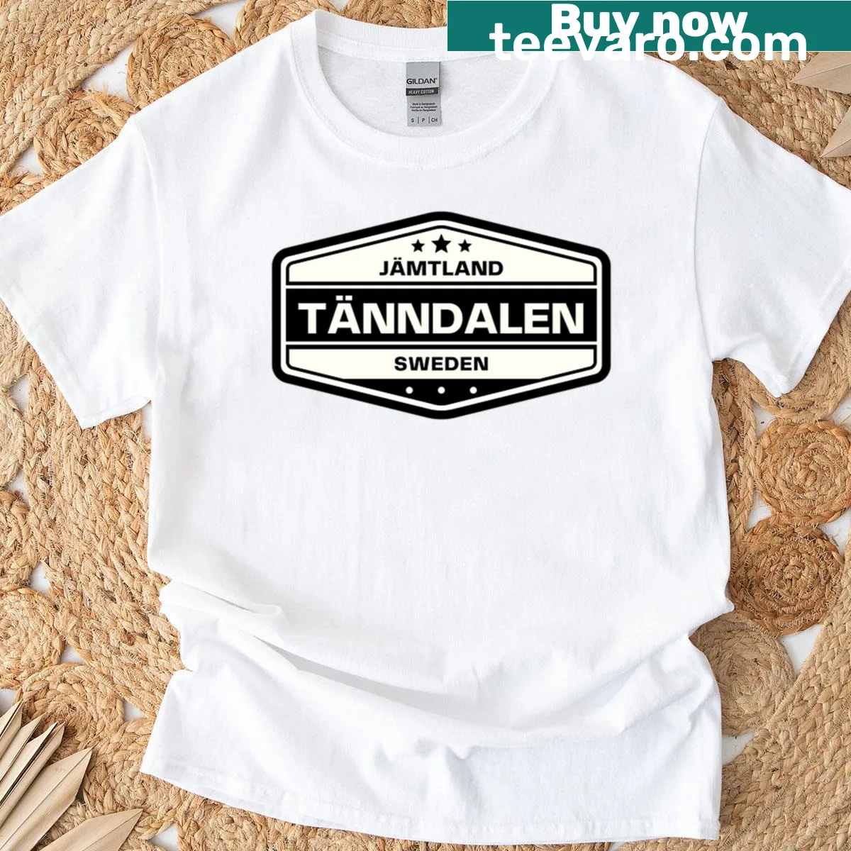 Illustrated landscape of Tnndalen, Sweden on T-shirt — on a men's t-shirt