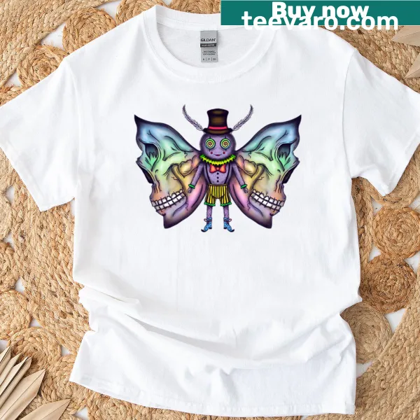 Skull moth graphic in a trippy circus theme on premium T-shirt