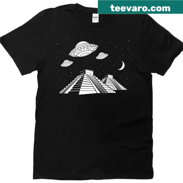 Graphic T-shirt featuring UFOs over the Mayan pyramids