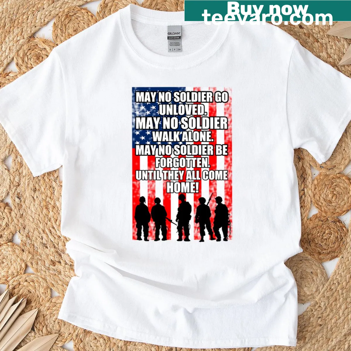 Military tribute T-shirt with the text 'Until They All Come Home' — on a men's t-shirt