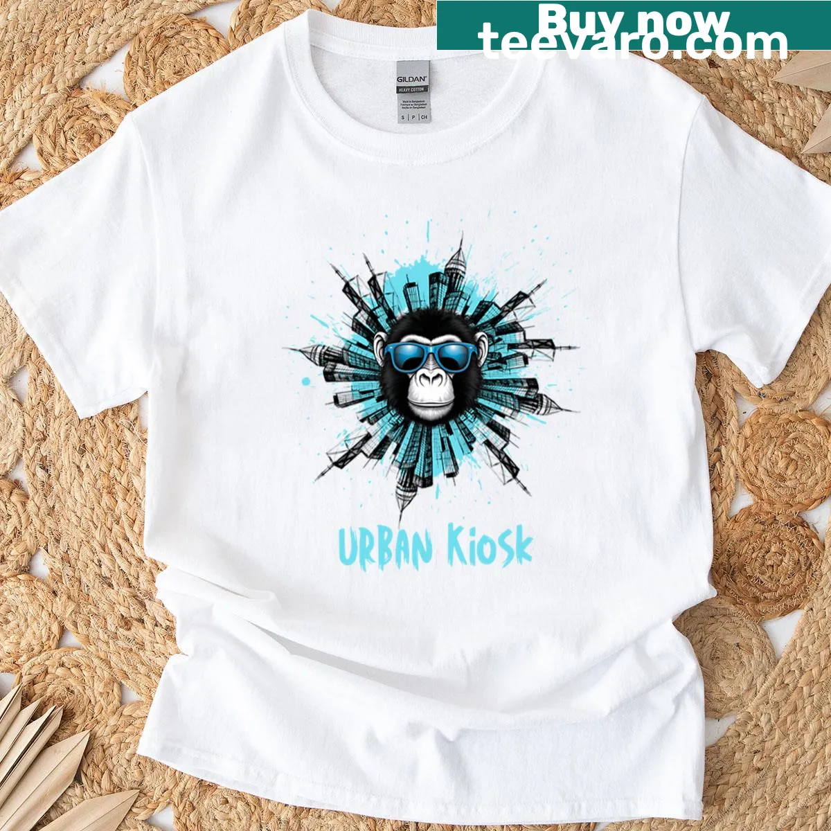 Playful illustration of urban kiosks for a fun T-shirt — on a men's t-shirt